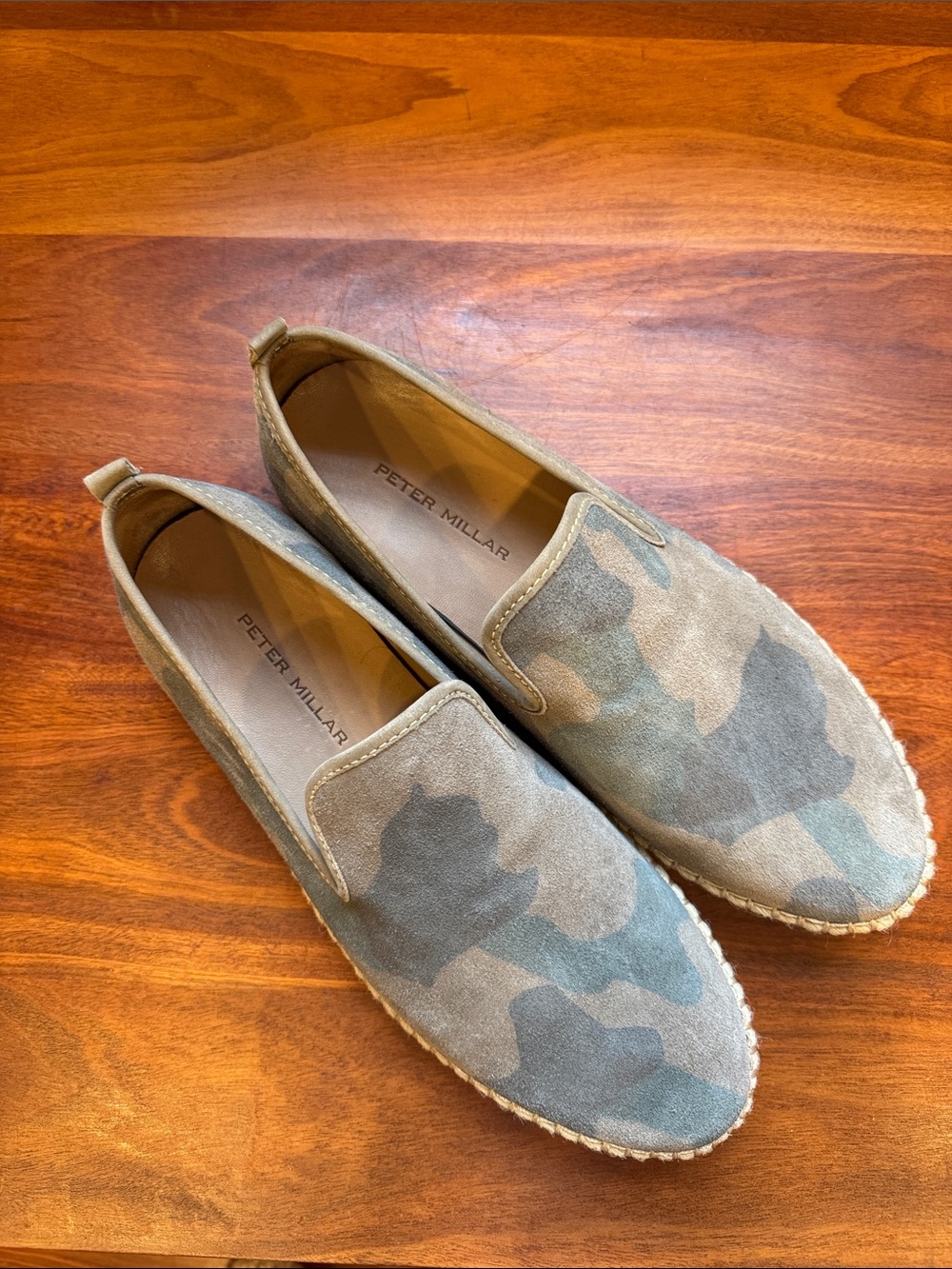 Peter Millar Suede Camouflage Slip-On Loafers in Olive and Tan worn once.